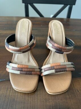 Kaanas Two-Strap Slide Mules in Tan with Brown, Cream and Rust Accents